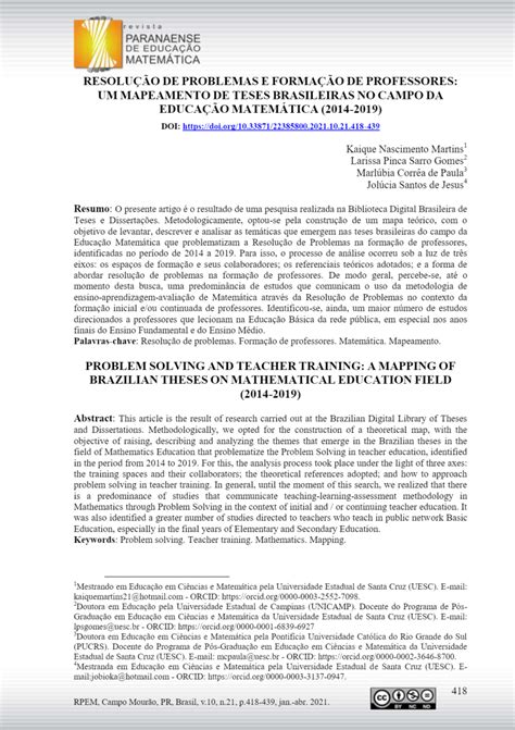 Pdf Vista Do Resolu O De Problemas E Forma O De Professores Um