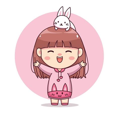 Happy cute and kawaii girl with pink hoodie bunny and cute rabbit ...