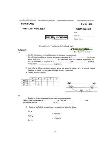 Sujet De Physique Chimie Bepc Blanc Lyc E Sainte Marie De Cocody