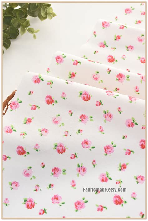 Little Pink Rose Flower Fabric White Cotton Fabric With Etsy