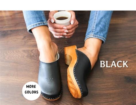 Clogs for Women Leather Shoes Black Boots With Wooden Sole Platform ...