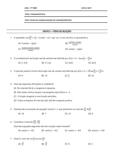 11 Ficha Revisão Ano 11º Ano Data Nov Tema Trigonometria Tipo Ficha De ConsolidaÇÃo De