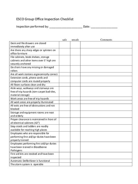 Fillable Online Esco Group Office Inspection Checklist Fax Email Print