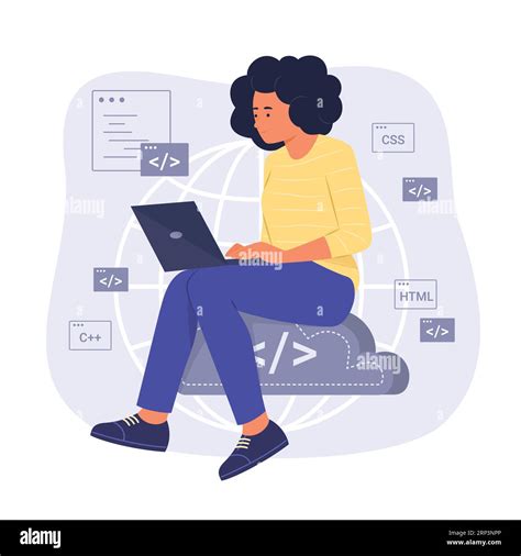 Programmer Woman Sitting On Cloud Computing Symbol And Process Coding