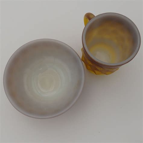 Fire King Yellow To Brown Ombre Kimberly Diamond Milk Glass Bowl And Mug Ebay