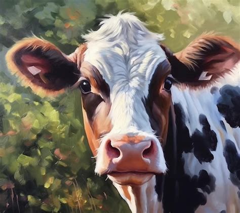 Pintura De Uma Vaca Rosto Preto E Branco E Nariz Marrom Generativo