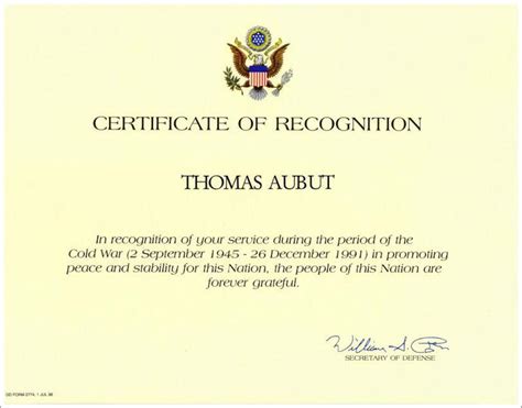 Cold War Certificate of Recognition