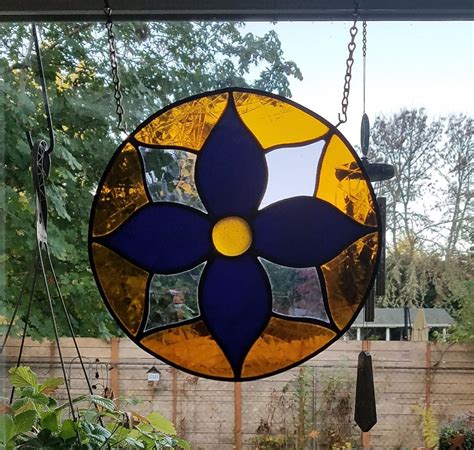 Stained Glass Mandala Flower Window Hanging Suncatcher In Purple Gold Etsy