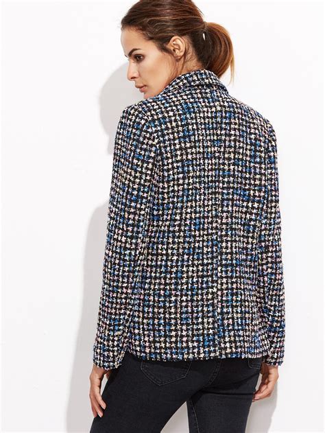 Multicolor Notch Collar Pocket Front Tweed Blazer Shein Sheinside