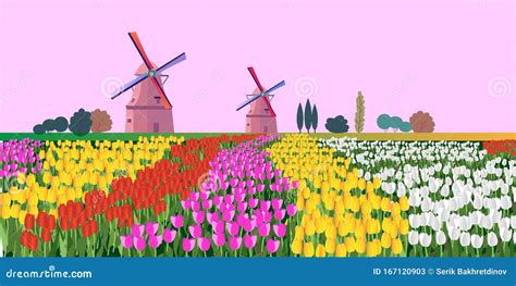 Vector Illustration of a Landscape with Dutch Tulips and Windmills. Stock Vector - Illustration ...