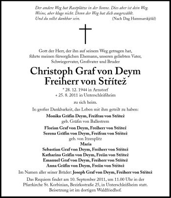 Traueranzeigen von Christoph Graf von Deym Freiherr von Strítez SZ