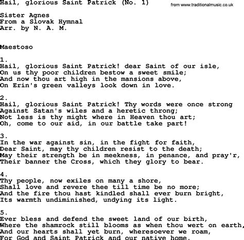 Catholic Hymns, Song: Hail, Glorious Saint Patrick1 - lyrics and PDF