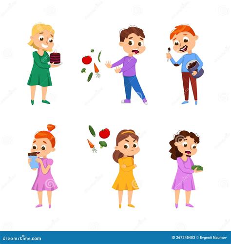 Kids Showing Food Likes And Dislikes Eating Healthy And Unhealthy Food