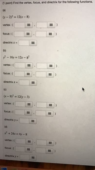 Solved Point Find The Vertex Focus And Directrix For Chegg