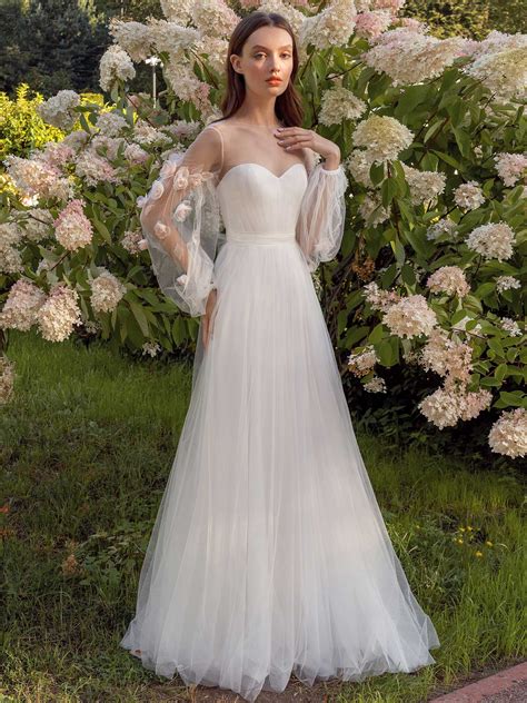 Tulle A Line Wedding Dress With Floral Sleeves Unique Wedding Dresses Papilio Bridal