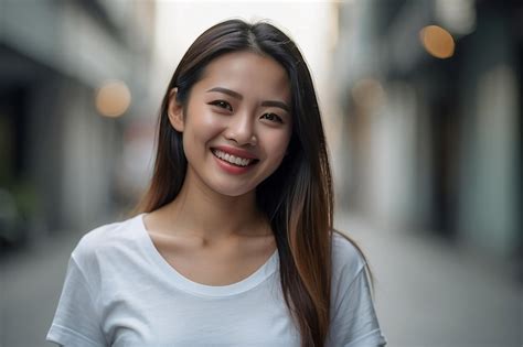 Premium Photo Asian Woman Wearing White Tshirt Smiling On Blurred