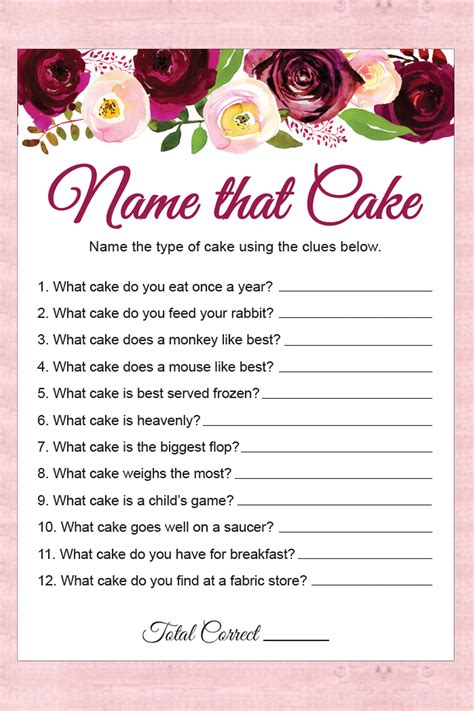 Name That Cake Bridal Shower Game Watercolor Floral Wedding Etsy