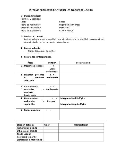 Modelo De Informe Del Test De Luscher T Cnicas Proyectivas Ucv