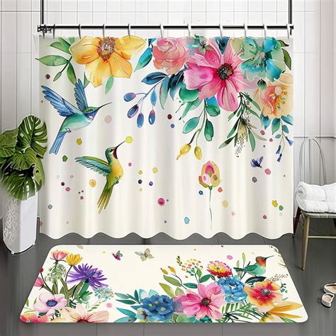 Vibrant Floral Shower Curtain With Hummingbirds Colorful Bathroom Decor