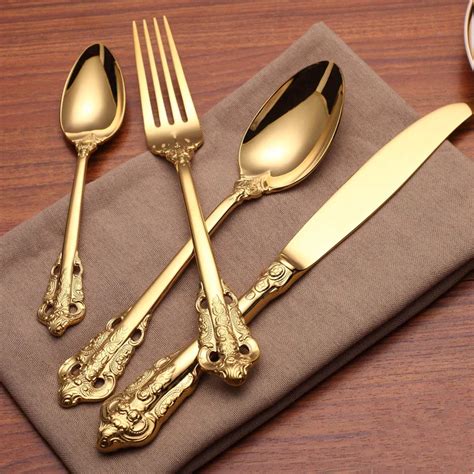 Pcs Engraving Vintage Western Gold Color Plated Dinnerware Dinner