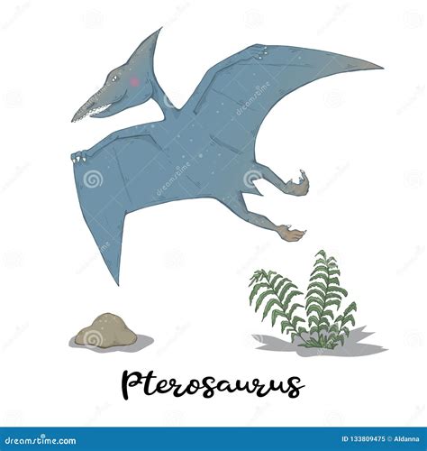 Pterosaurus With Plants And Stone Isolated Over White Vector Stock