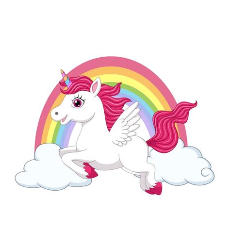 Lindo pequeño pony unicornio con alas en las nubes y el arco iris