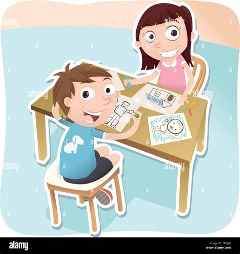 Cartoon two children drawing together Stock Vector Image & Art - Alamy