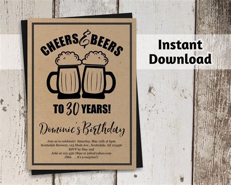 Printable Cheers And Beers Invitation Template Black Ink Only Men Birthday Brewery Digital