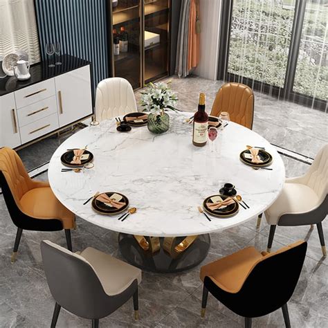 Modern 53 Round White Dining Table For 6 Person Faux Marble Top Gold And Black Pedestal Homary