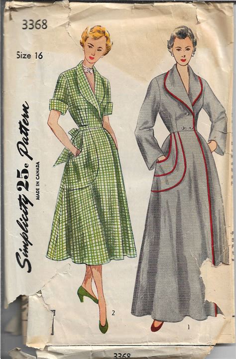 Simplicity 3368 Ladies Housecoat Robe Vintage Sewing Pattern 1950s Vintagestitching Vintage