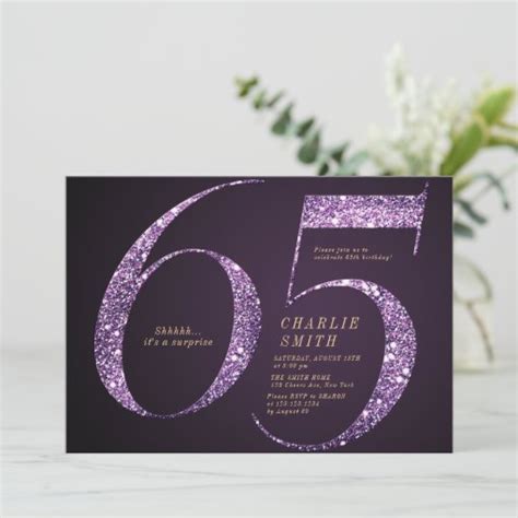 Modern Minimalist Purple Glitter 65th Birthday Invitation Zazzle