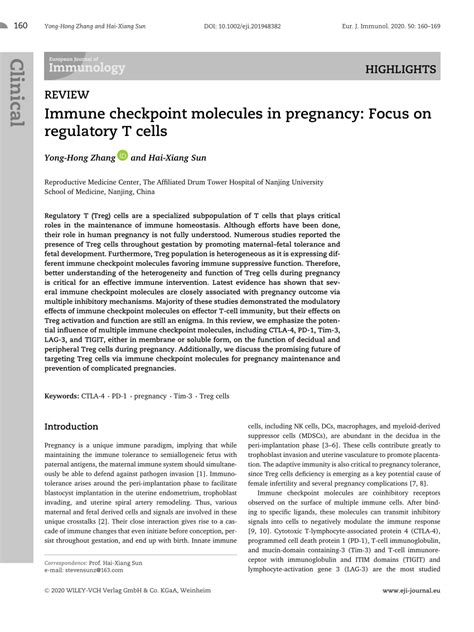 Immune Checkpoint Molecules In Pregnancy Focus On Regulatory T Cells