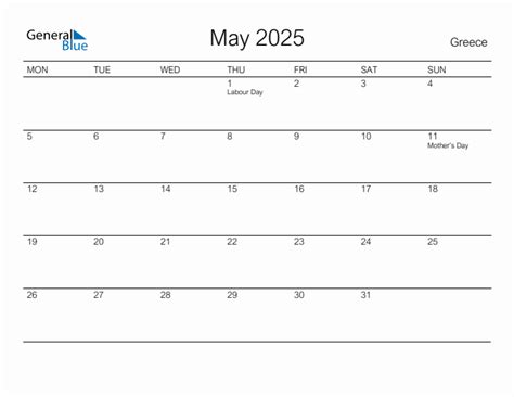 Printable May 2025 Monthly Calendar with Holidays for Greece