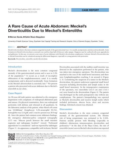 (PDF) A Rare Cause of Acute Abdomen: Meckel’s Diverticulitis Due to Meckel’s Enteroliths