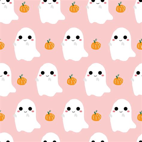 Cute White Halloween Ghost With Pumpkin Seamless Pattern Vector