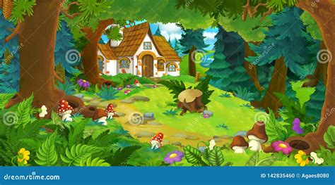 Cartoon Scene With Beautiful Rural Brick House In The Forest On The