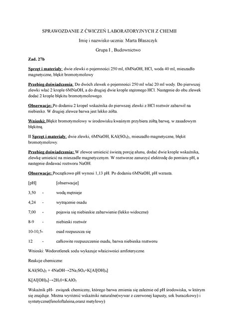 Sprawozdanie Chemia Sprawozdanie Z Wicze Laboratoryjnych Z Chemii