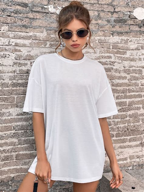 Solid Drop Shoulder Oversized Tee Womens Outfits Simple Plus Size