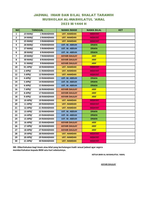 Jadwal Imam Dan Bilal Tarawih 2023 Pdf