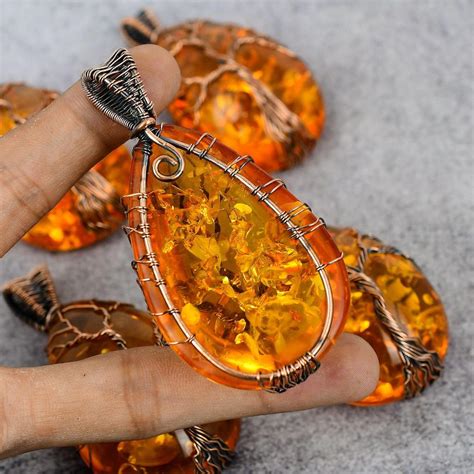 Cheap Baltic Amber Gemstone Pure Copper Wire Wrap Handmade Jewelry