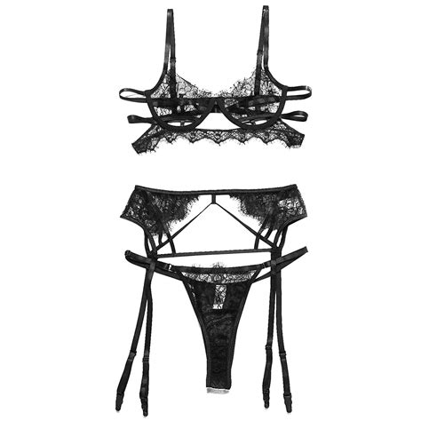 Mortilo Women Three Pieces Transparent Lingerie Lace Mesh Bright Silver