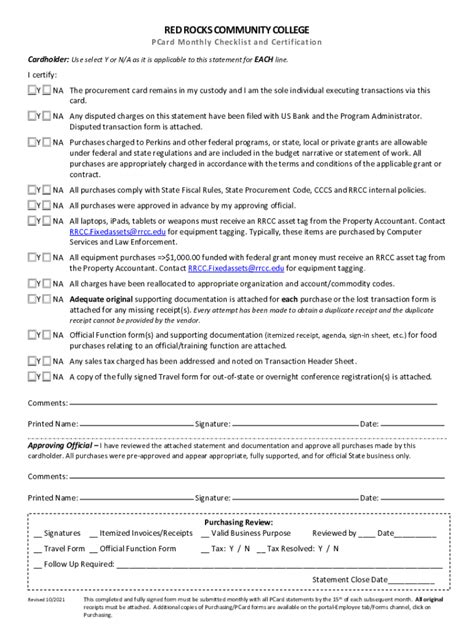 Fillable Online Pcard Monthly Checklist And Certification Form Fax