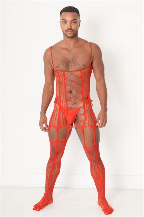 Red Hollow Fishnet Bodysuit Men Fishnet Lingerie Cutout Lace Bodystocking Sexy Mesh Bodysuit