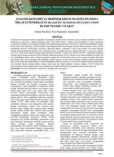 Analisis Kemampuan Berpikir Kritis Matematis Siswa Melalui Pendekatan Realistic Mathematics