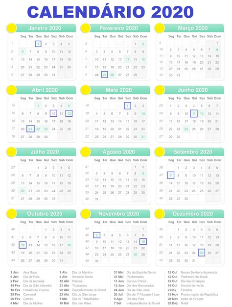 CalendÁrio 2020 Com Feriados Para Imprimir