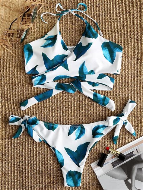 Leaves Print Wrap Bikini Set With Images Wrap Bikini Set Wrap