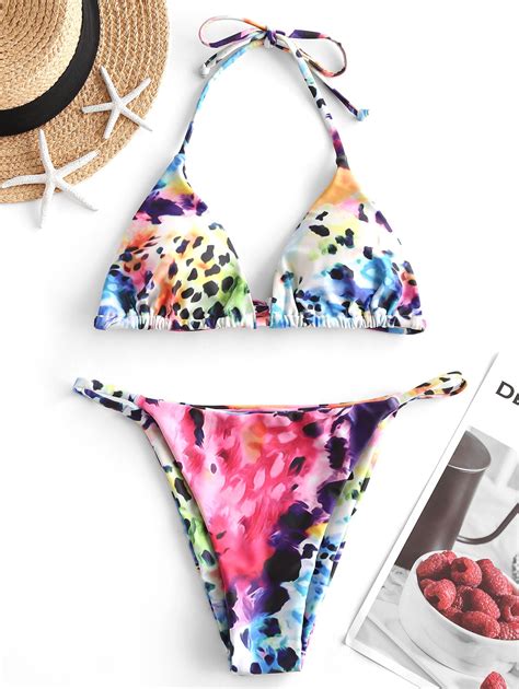 Zaful For Women Leopard Snakeskin Halter String Bikini Set Multi D M