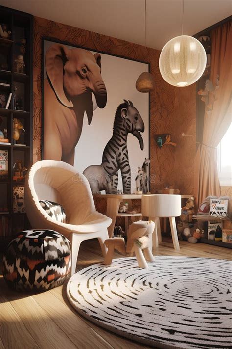 African Style Bedroom Interior With Modern Bed Stock Illustration