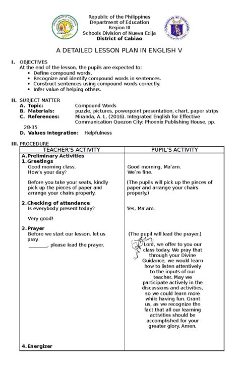 Lesson-PLAN compound words - Republic of the Philippines Department of