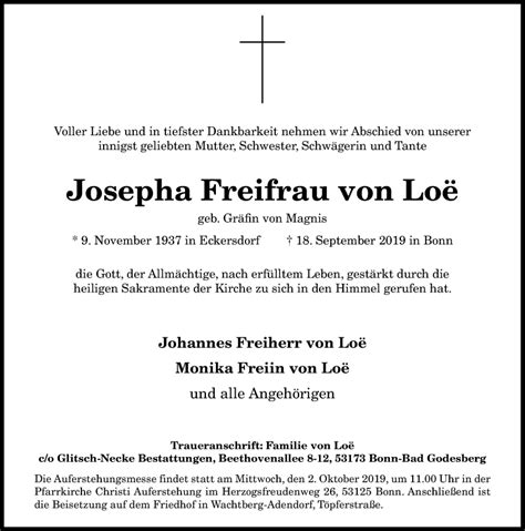 Traueranzeigen Von Josepha Freifrau Von Loe GA Trauer De